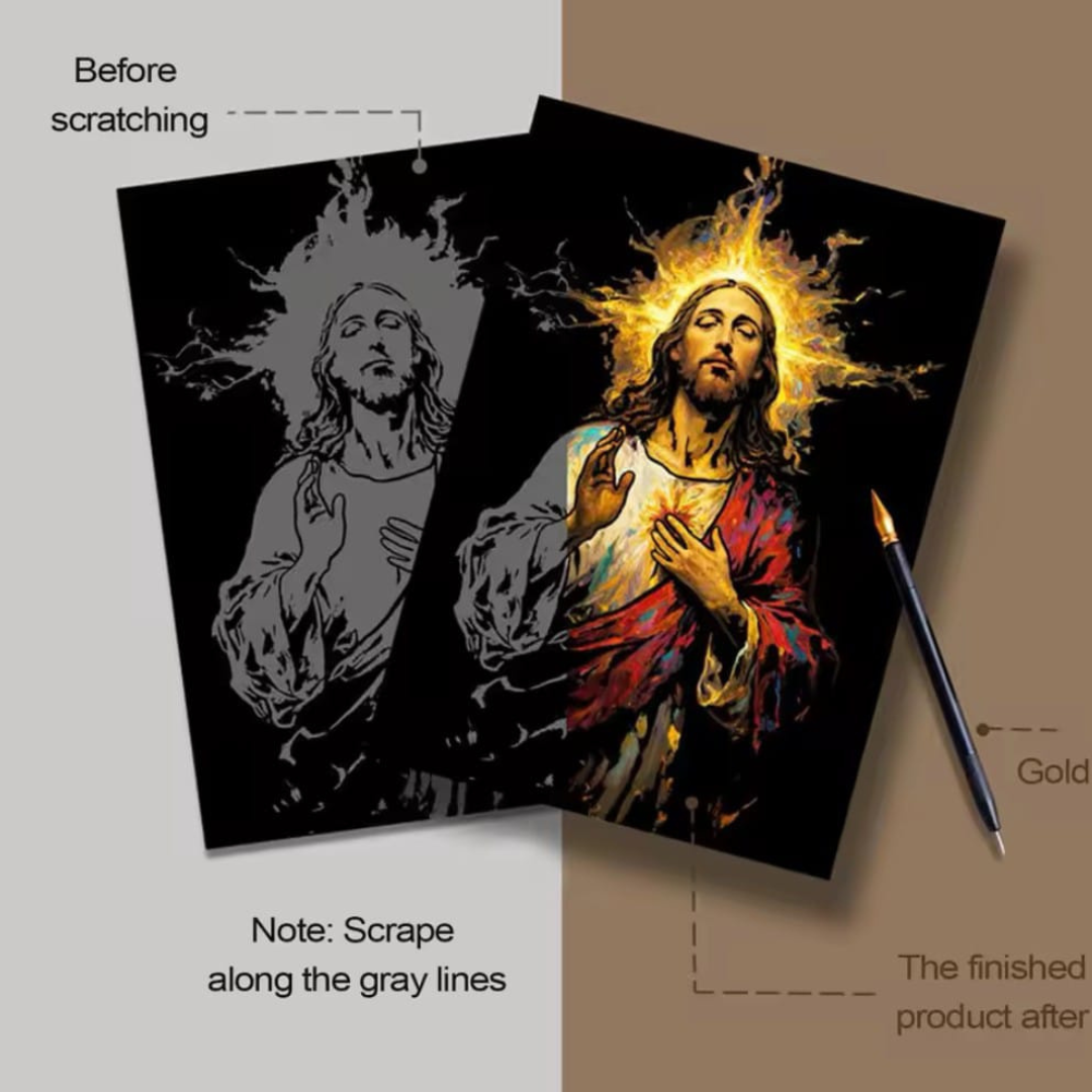 Carpeta con dibujos de Jesús para raspar- Incluye lápiz especial.